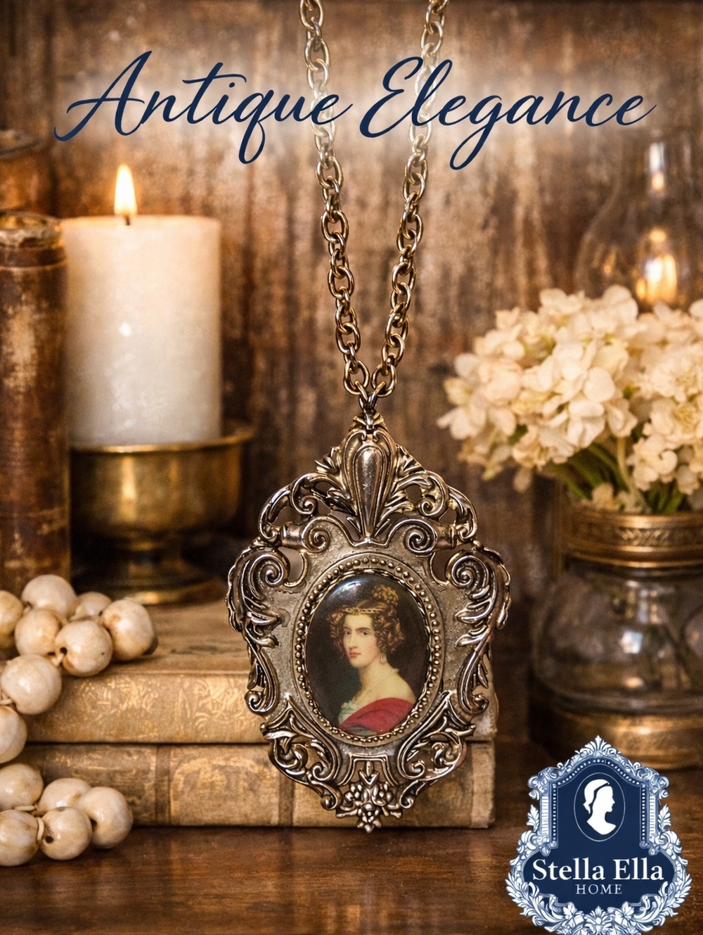Vintage Victorian Revival Portrait Cameo Pendant Necklace Large Ornate Frame 24” - Picture 2 of 6